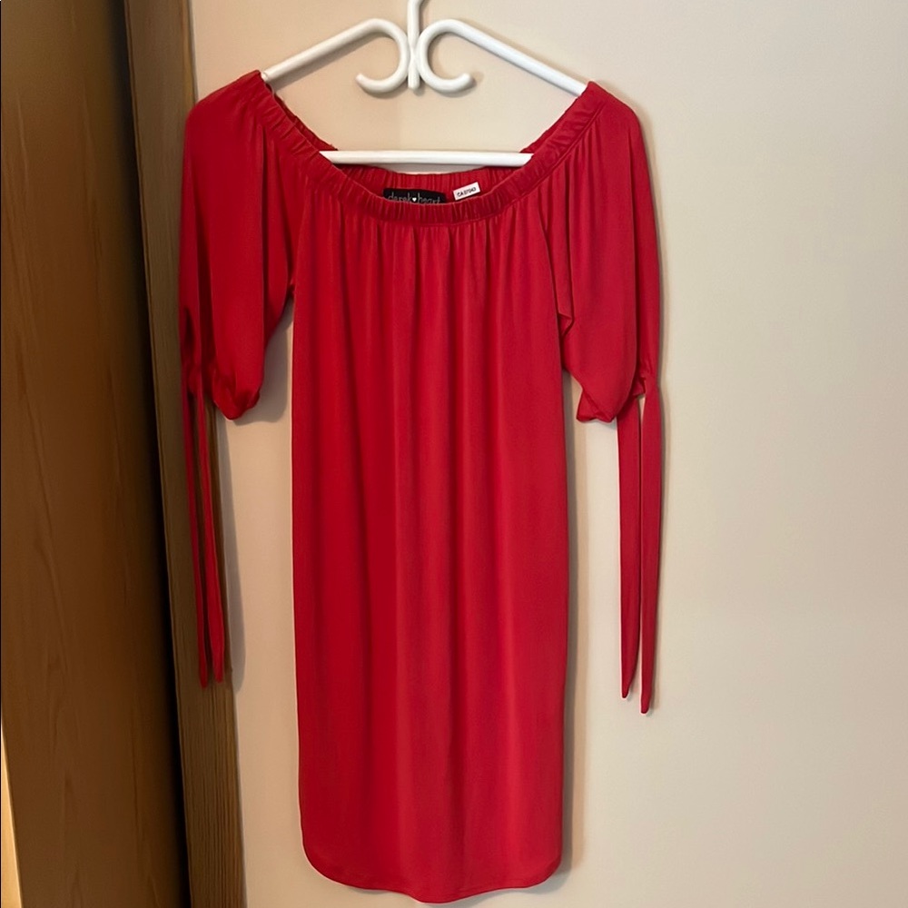 Derek Heart Red Ruched Off the Shoulder Top with Long Bishop Sleeves